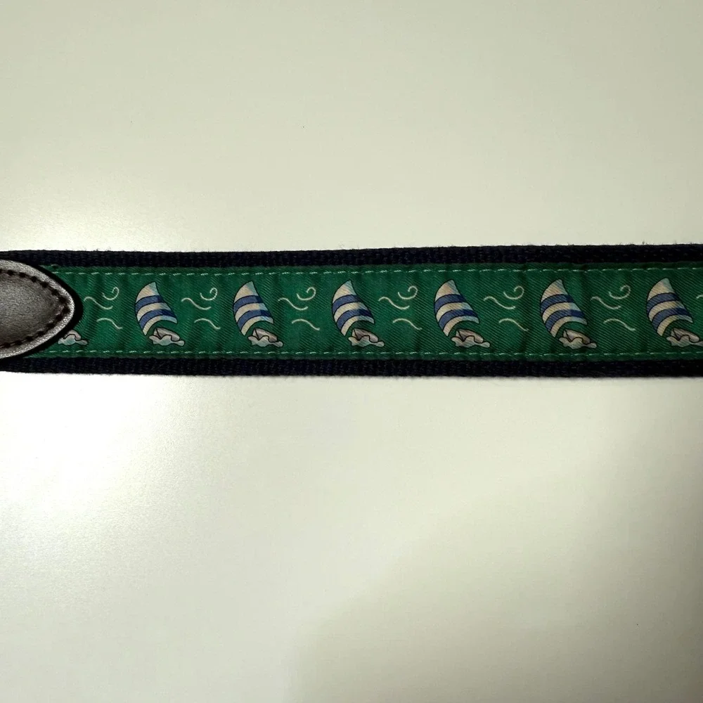 Vineyard Vines Belt Mens 36 Navy Green Sailboat Leather Brass Preppy USA Made